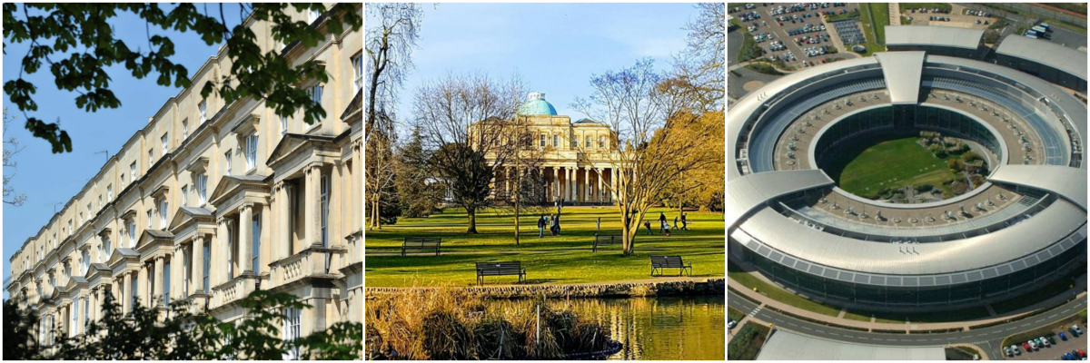 Images of Cheltenham including a Regency terrace, Pittville Pump Room and GCHQ